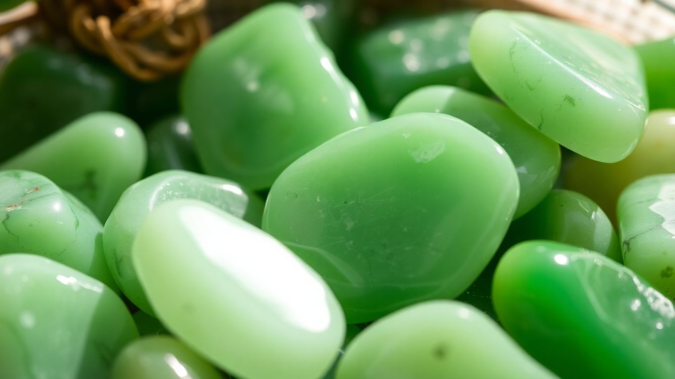 Polished green jade stones with natural light reflections.