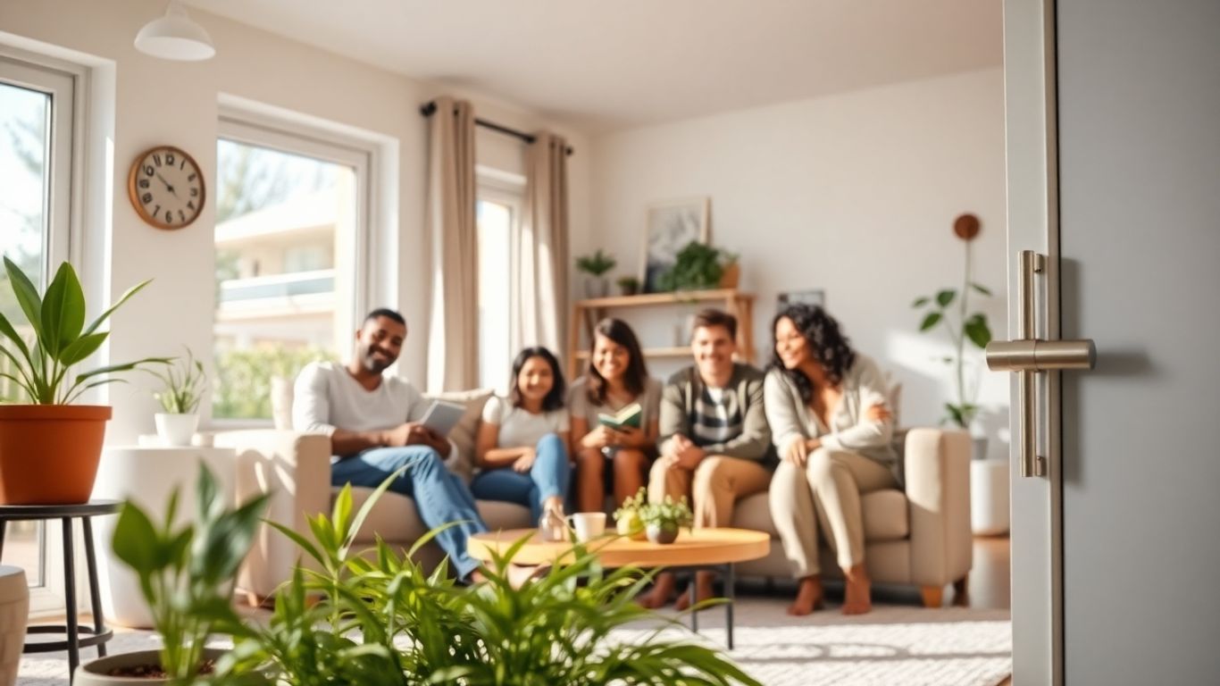 Familia feliz en casa moderna con ambiente seguro y acogedor.