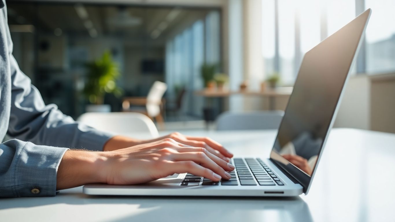 Hands typing on a laptop keyboard in an office.