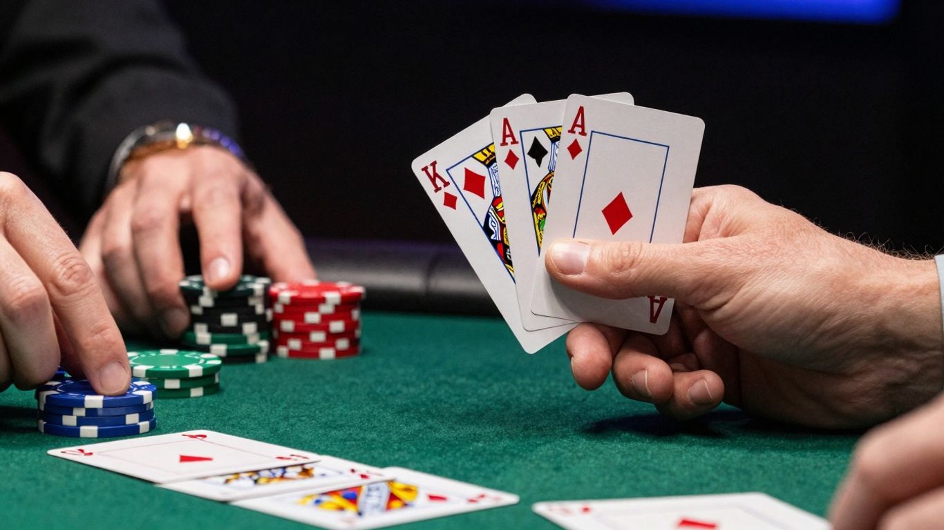 Mains jouant au poker avec des jetons et des cartes.