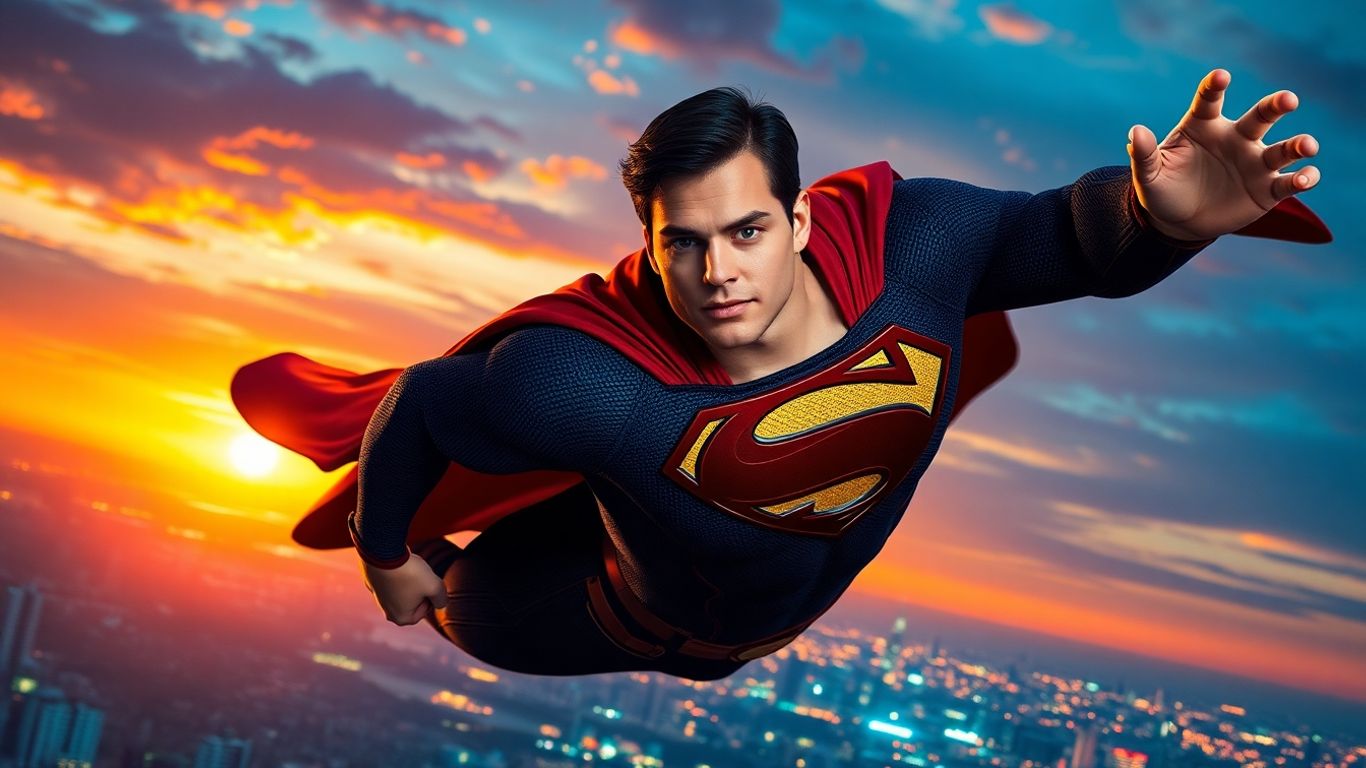 Superman zboară deasupra orașului modern, apus spectaculos.