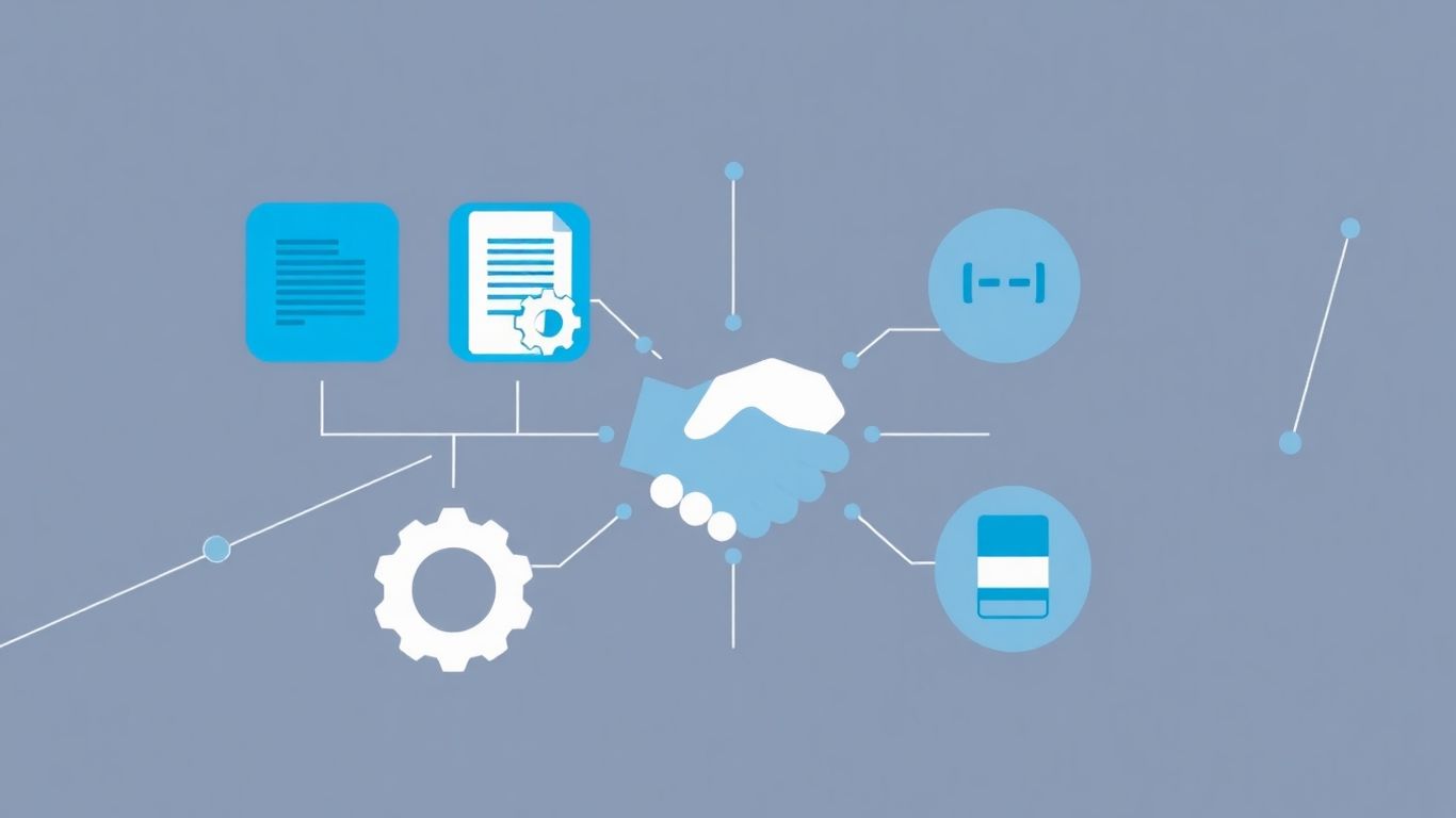 Infographic of legal documents, gears, and handshake.