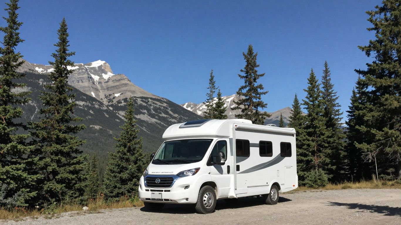 RV parked near Canadian mountains under blue sky.