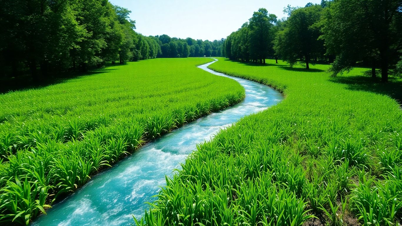 Câmp verde cu apă curată și copaci sănătoși.