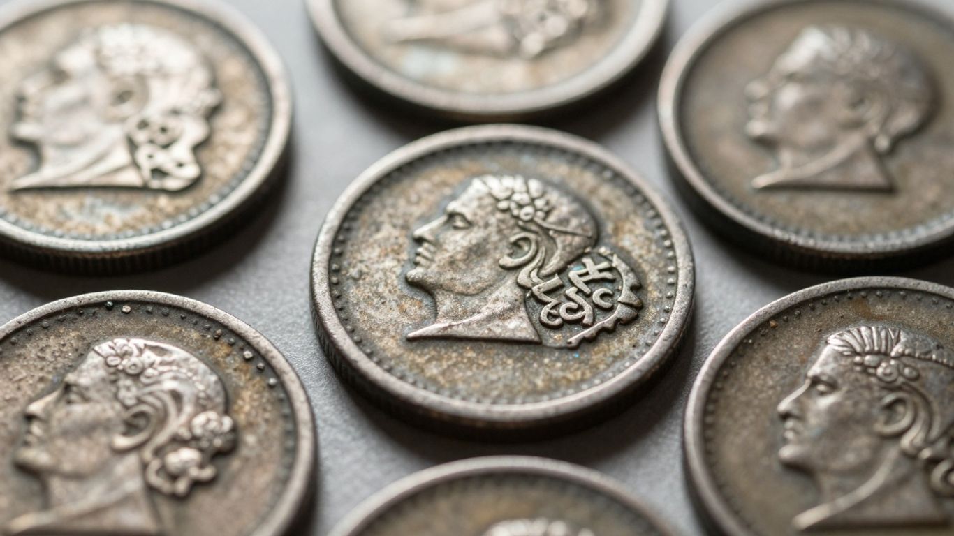 Close-up of ancient coins with visible surface details.
