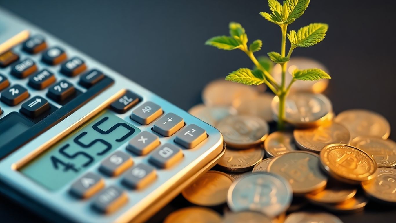 Calculator with coins and plant, symbolizing financial growth.