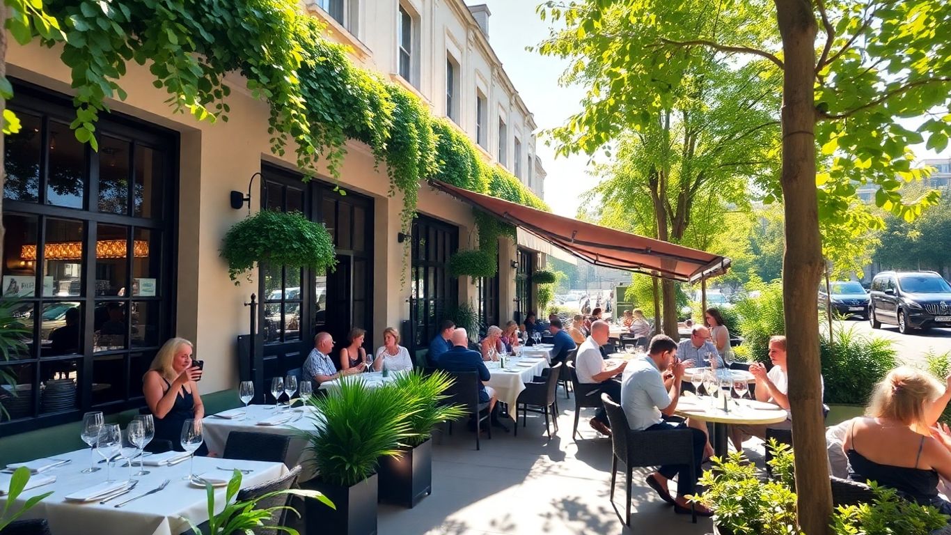 London al fresco dining scene with people eating outdoors.