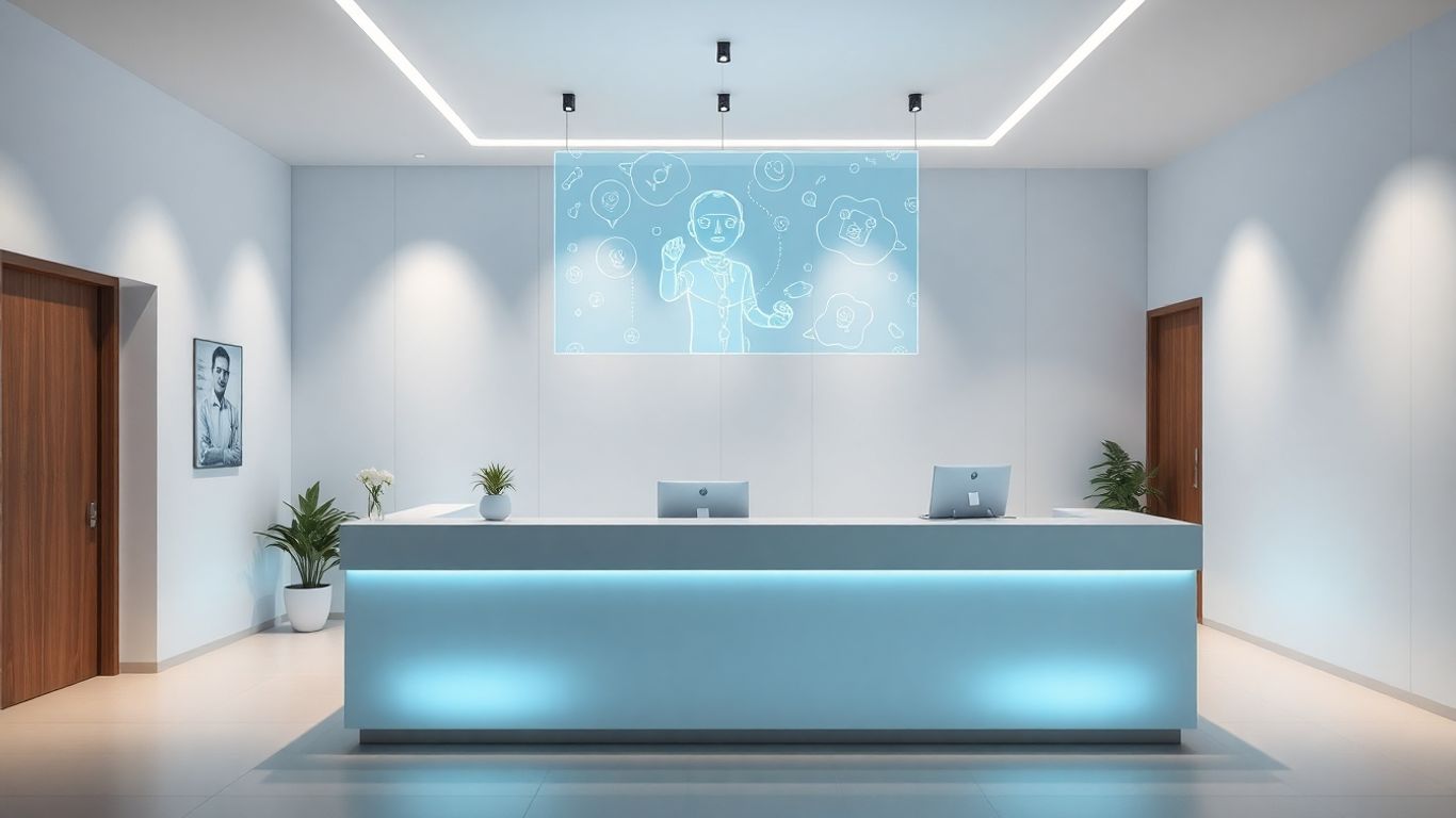 AI receptionist assisting a patient in a clinic.