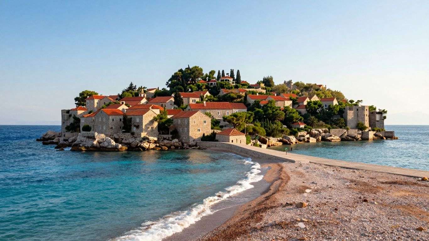 Sveti Stefan beach with island and turquoise water.