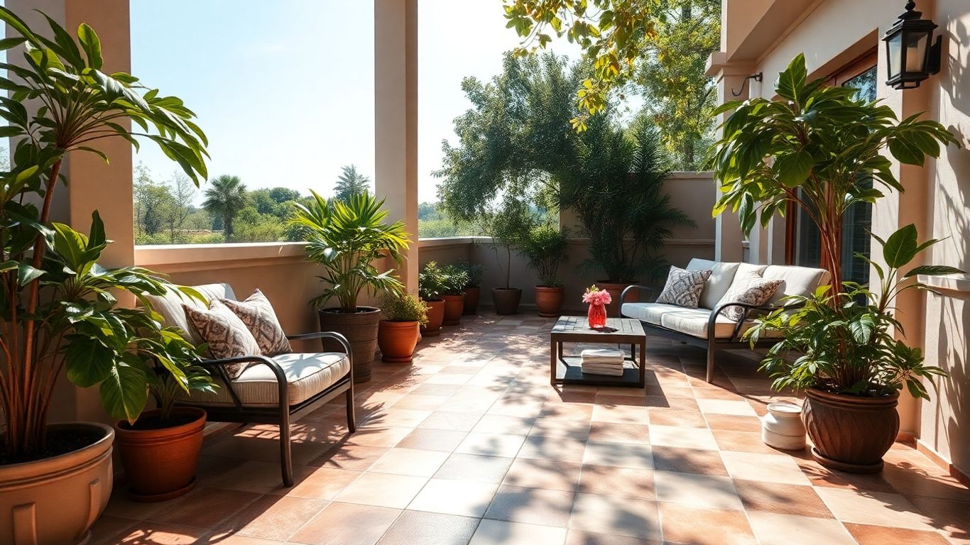 Beautifully tiled patio with outdoor furniture and plants.