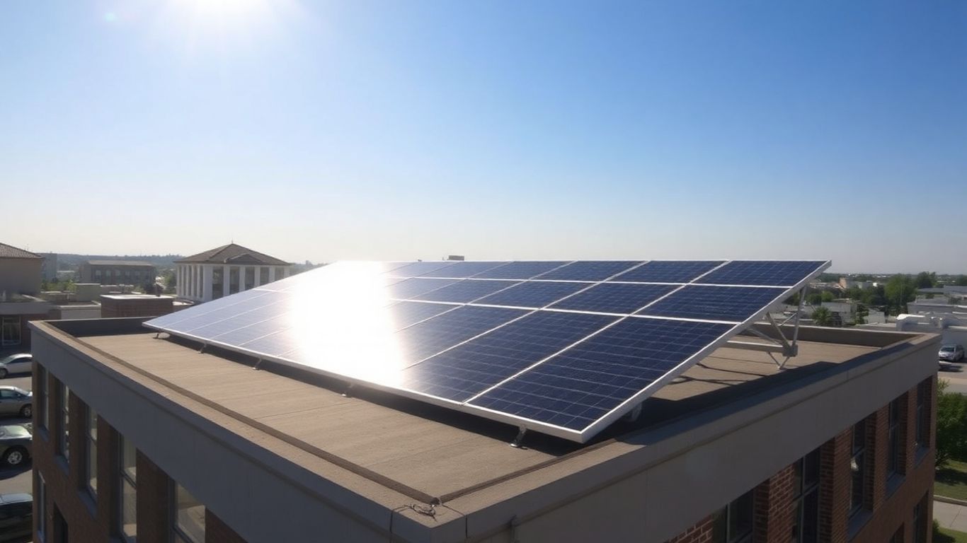 Panneaux solaires sur un toit de bâtiment municipal.