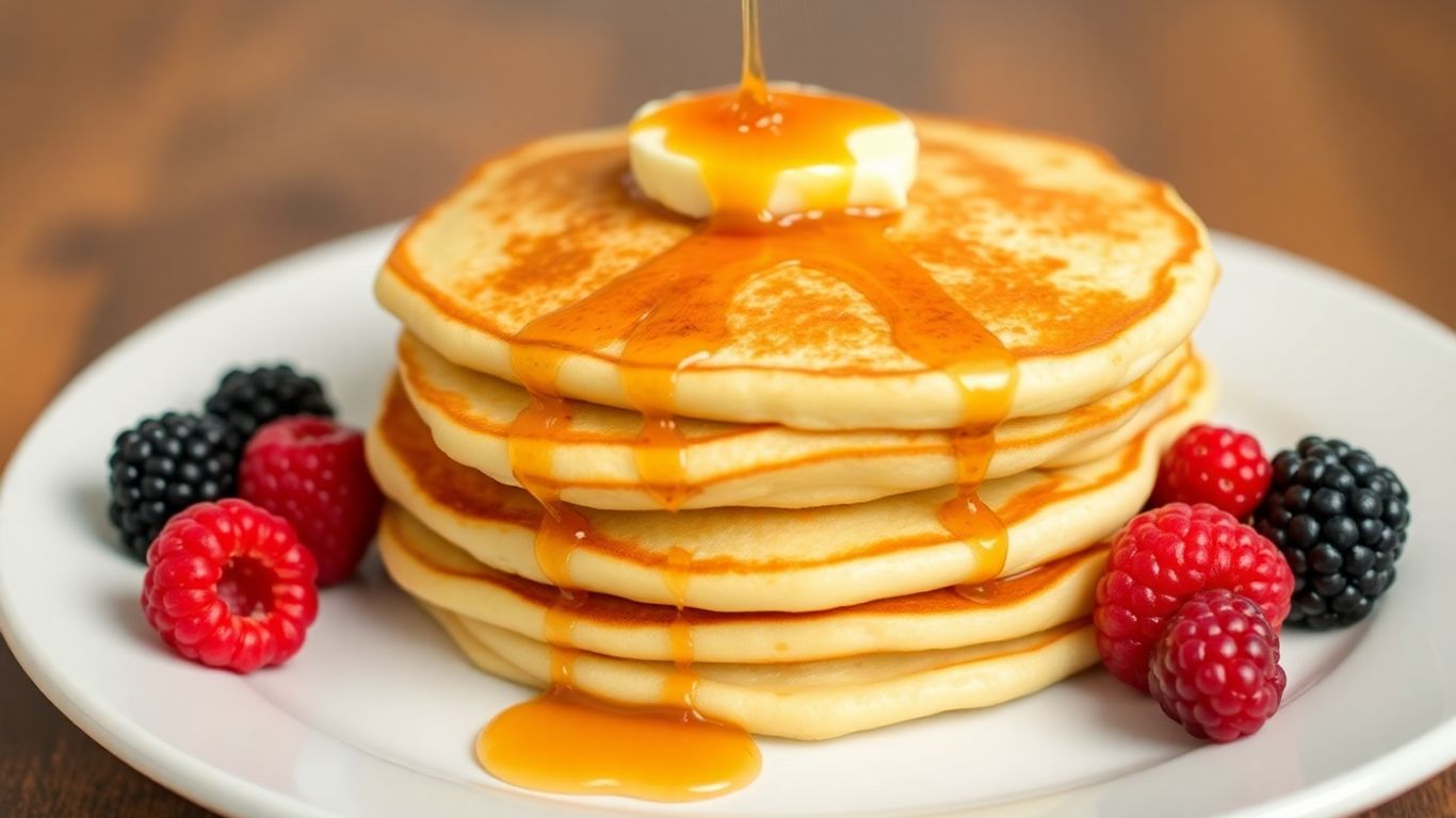 Stack of cottage cheese pancakes with butter and syrup.