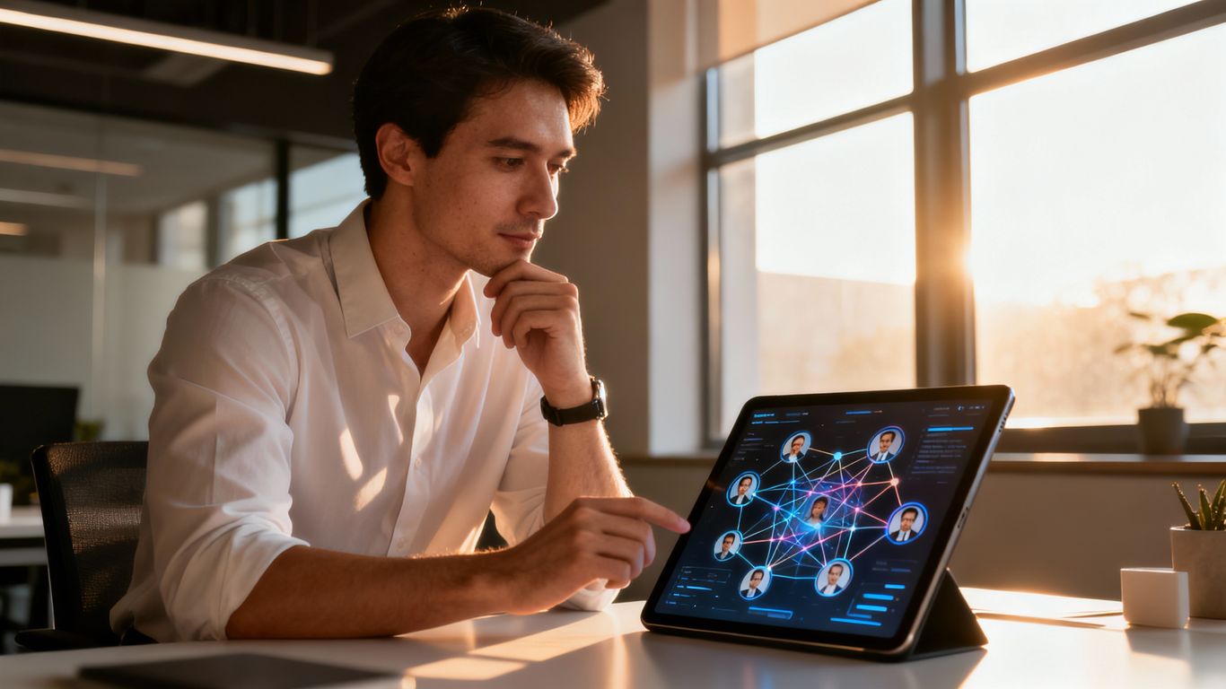 Sales professional using LinkedIn Sales Navigator on a tablet.