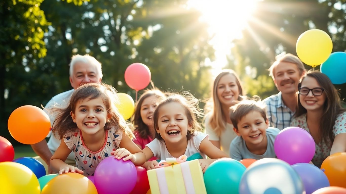 Família celebrando o Dia das Crianças com alegria e presentes.