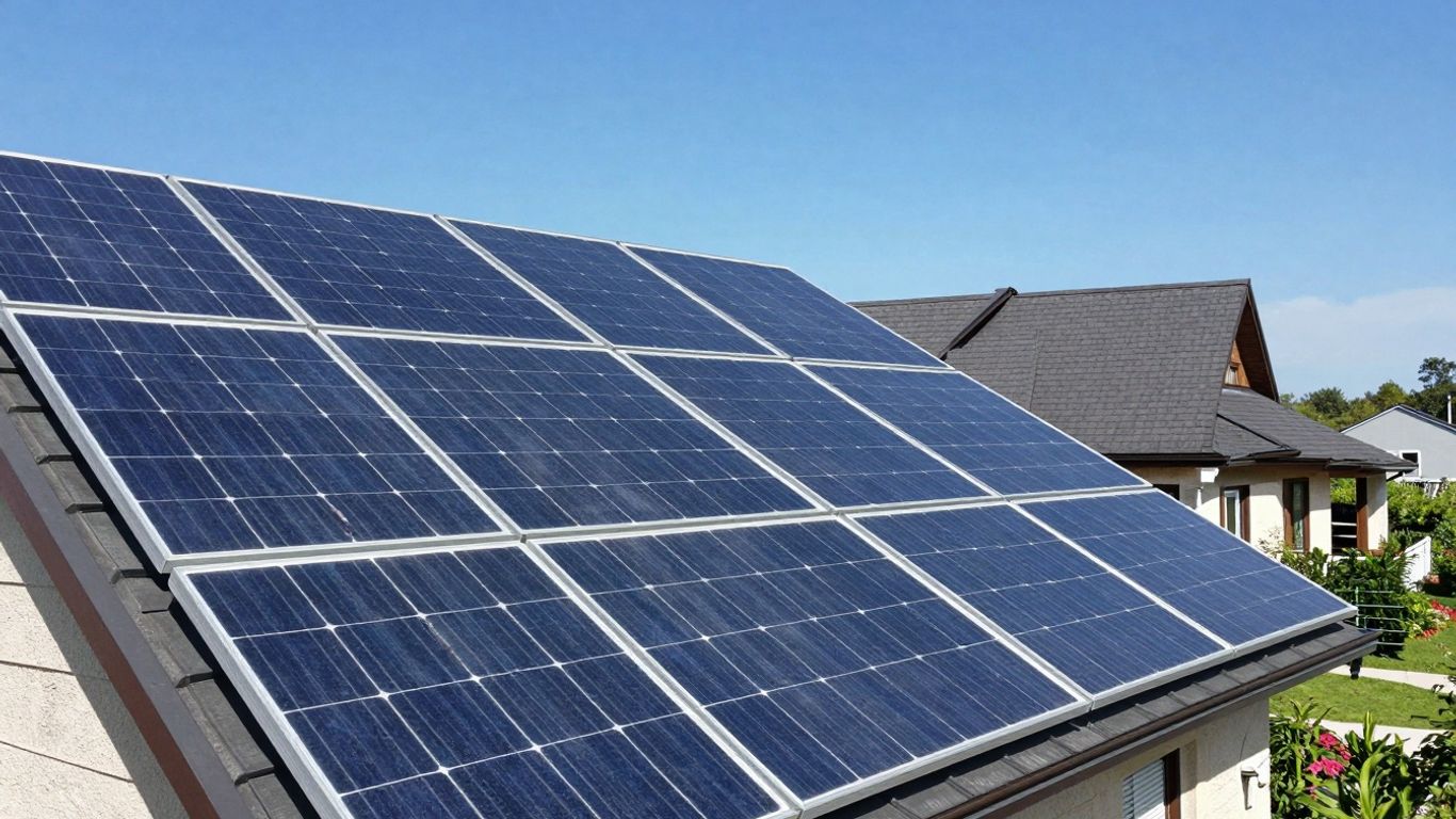 Panneaux solaires sur un toit avec ciel bleu et verdure.
