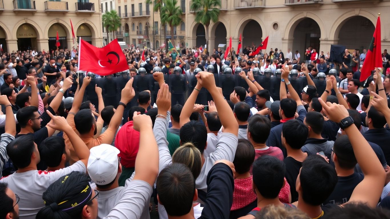 Manifestants au Maroc, poings levés, tension palpable.