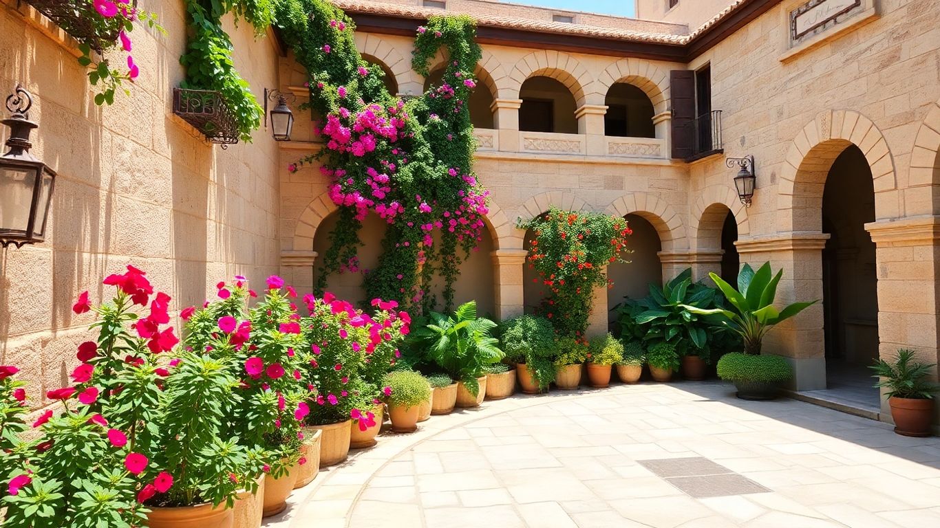 Patio cordobés con flores, arcos y azulejos detallados.