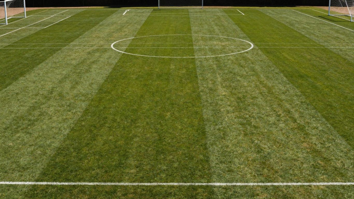 Dimensiuni teren fotbal, linii, poartă, iarbă verde.