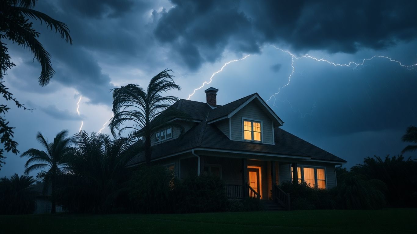 Casa afectada por tormenta con vientos y lluvia.