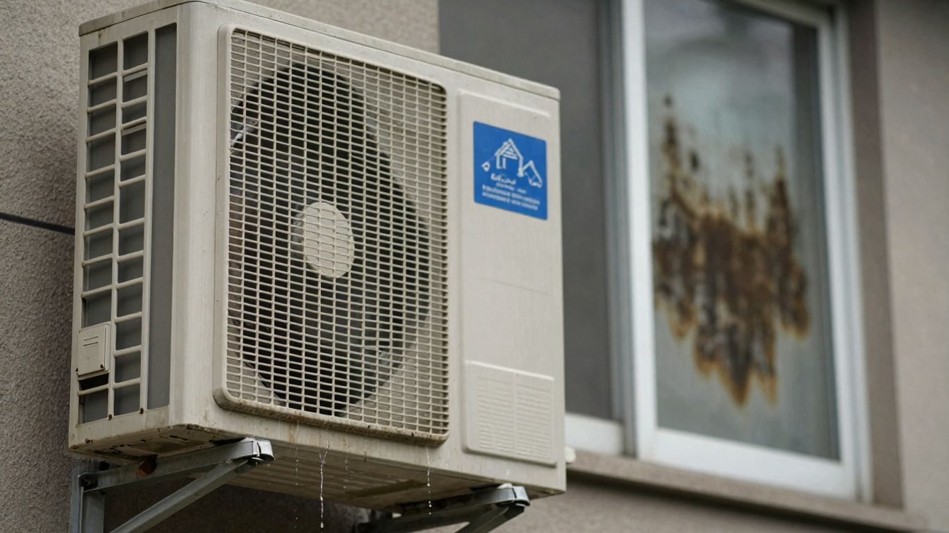 Heat pump unit with mouldy wall and condensation.