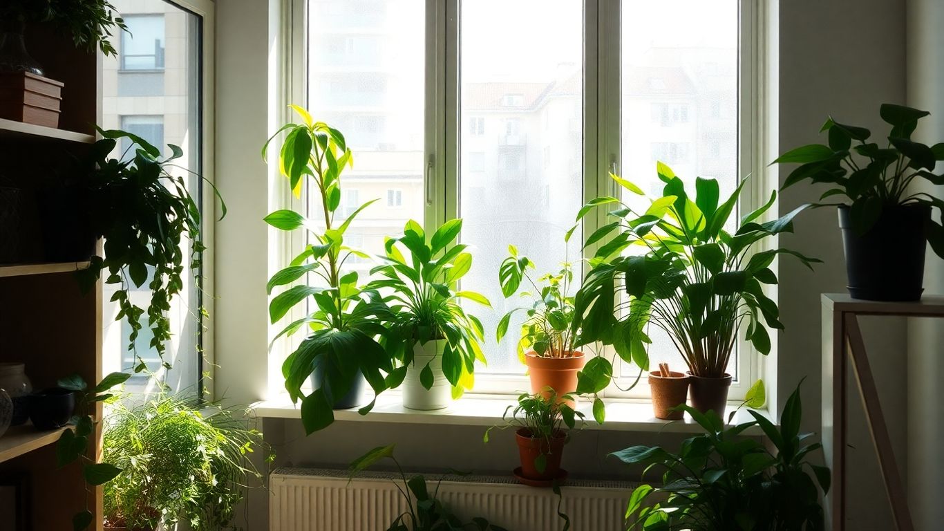 Grüne Pflanzen beleuchten eine sonnige Stadtwohnung.