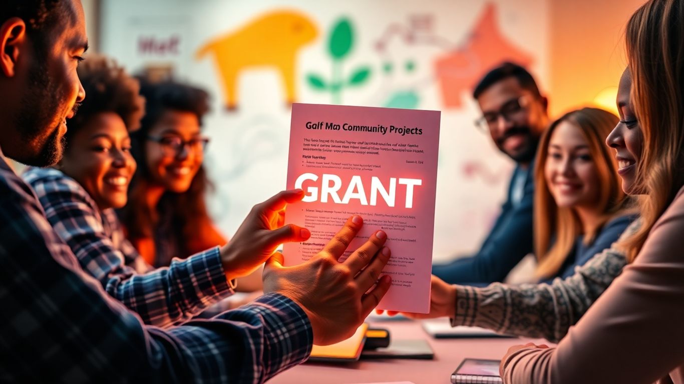 People collaborating on a project with a glowing grant document.