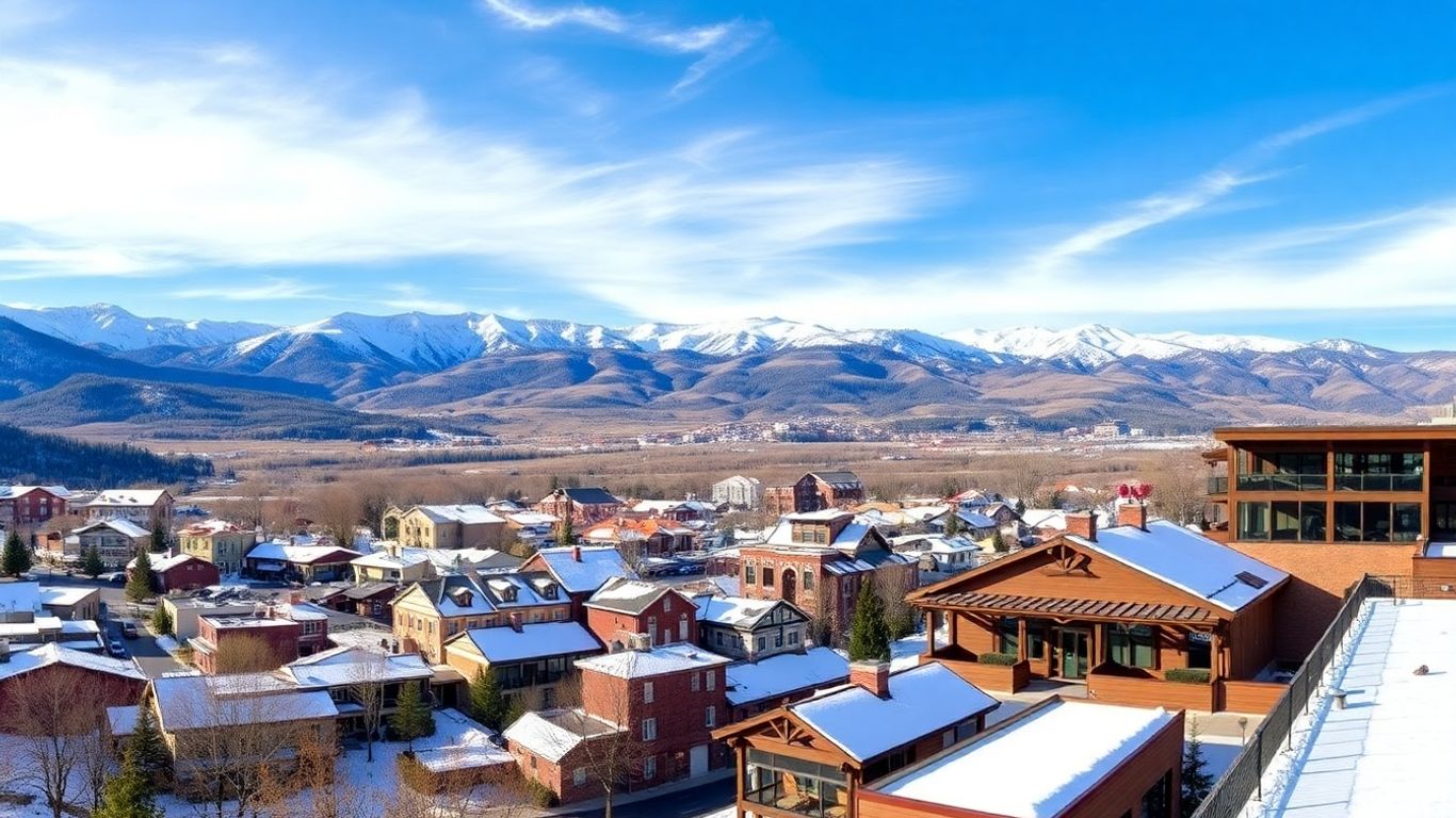 Rent Luxury Holiday Villas Aspen Snowmass 2026: Beherrschung von vier Bergen und Erkundung der luxuriösen Kunst- und Restaurantszene der Stadt Schneebedeckte Berge über einer luxuriösen Stadt Aspen.