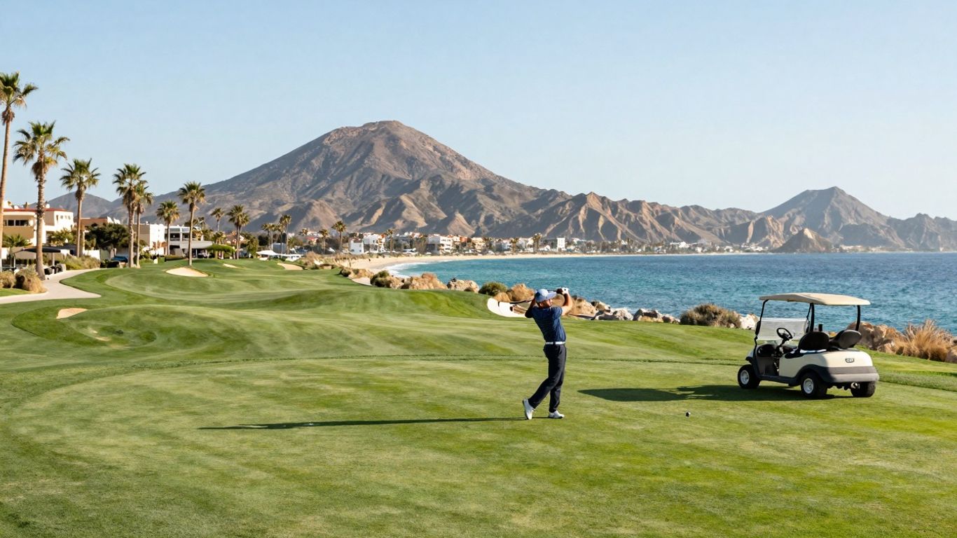 Cabo golf course with ocean view and golfer.