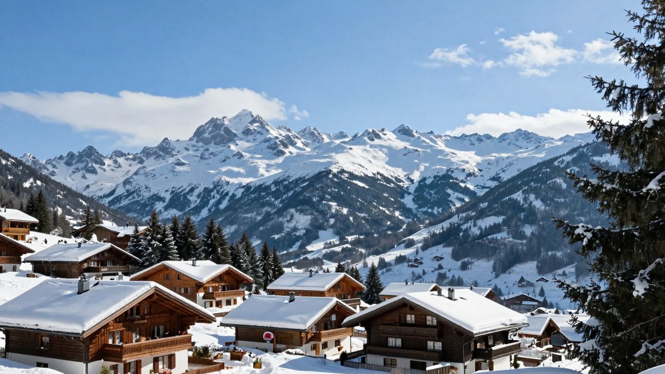 Snowy chalets and pine trees in La Tania, France.
