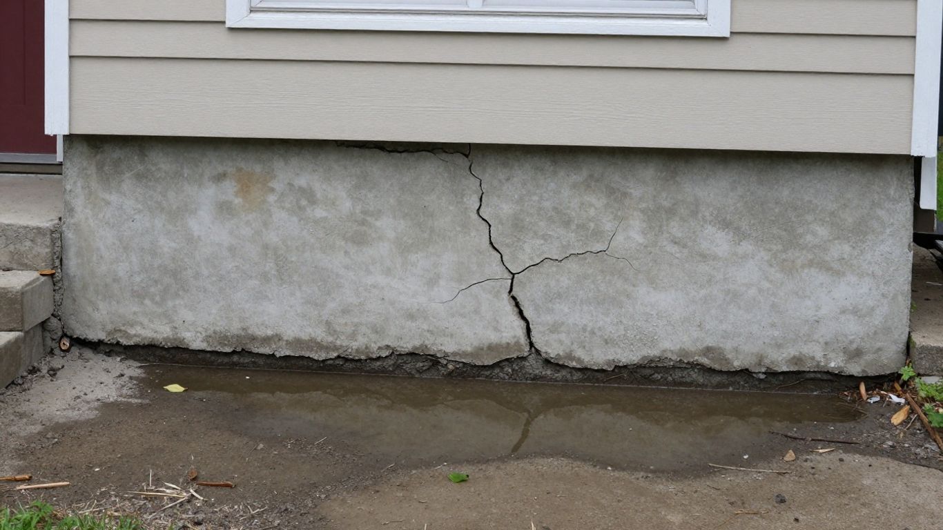 Cracked house foundation with water damage.