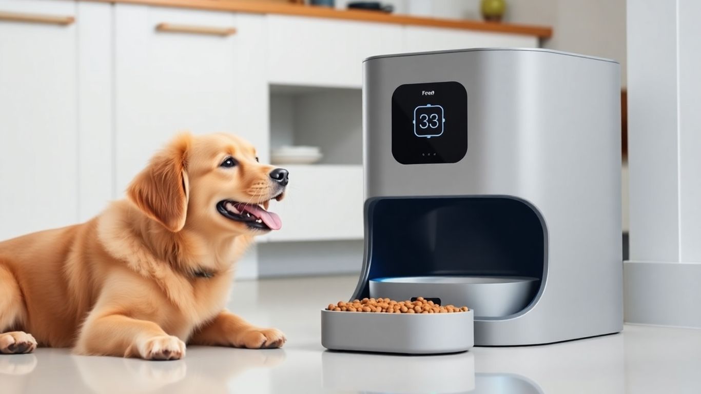 Pet microchip feeder with happy pet nearby.