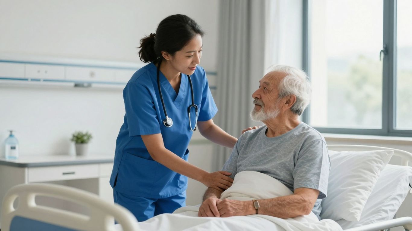 NHS care assistant helping an elderly patient in a hospital.