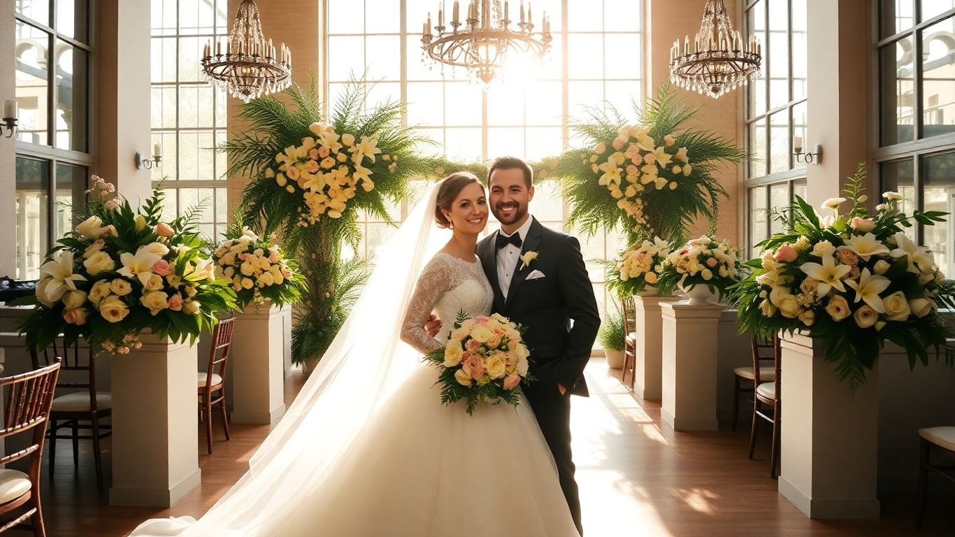 Dallas wedding couple in elegant venue with flowers.