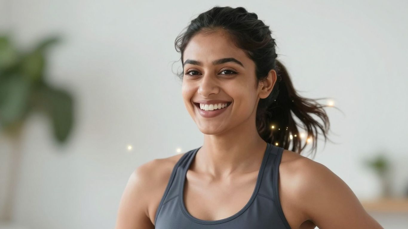 Woman smiling, energetic, healthy lifestyle support