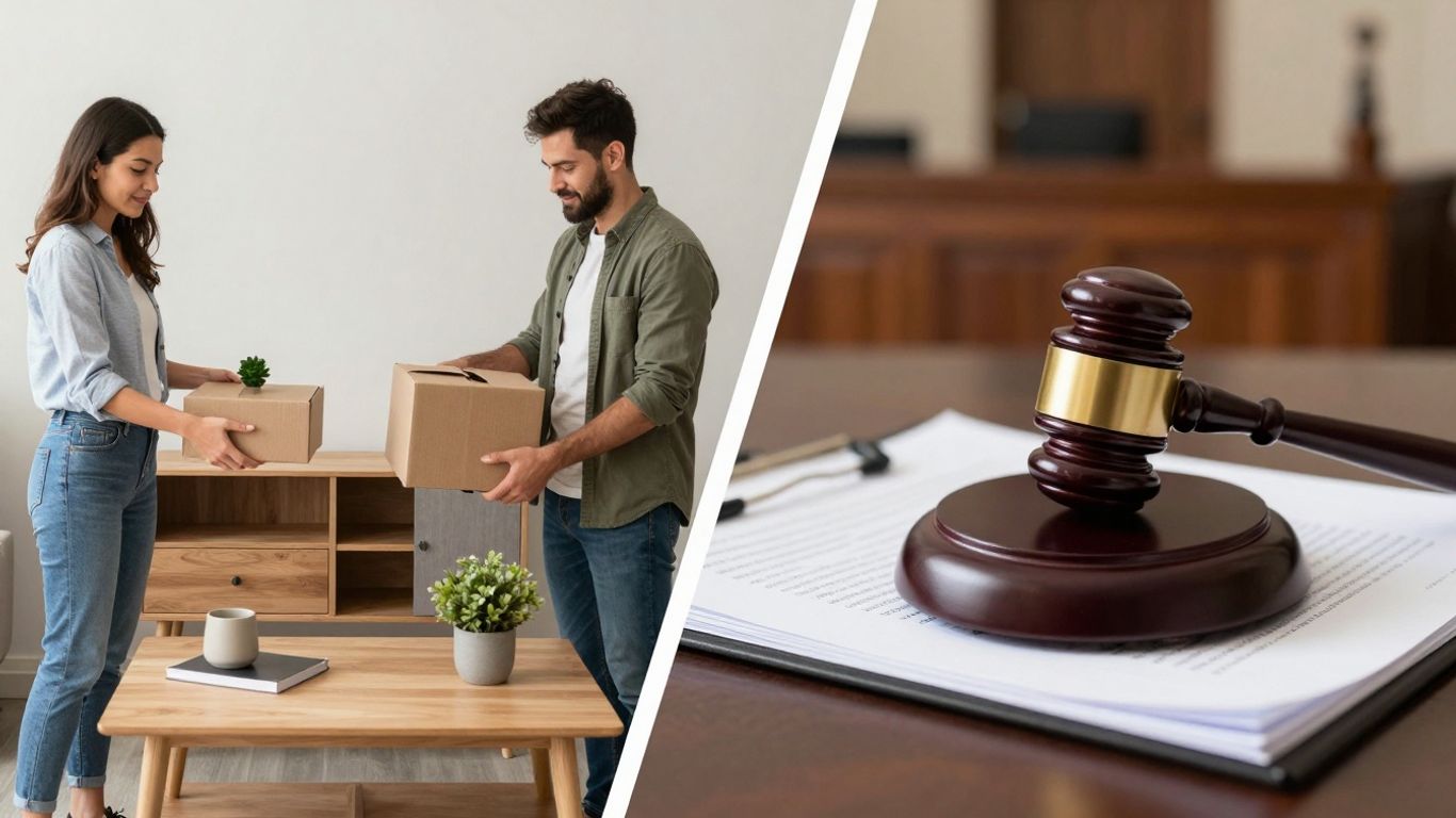 Couple dividing assets, gavel on legal papers.