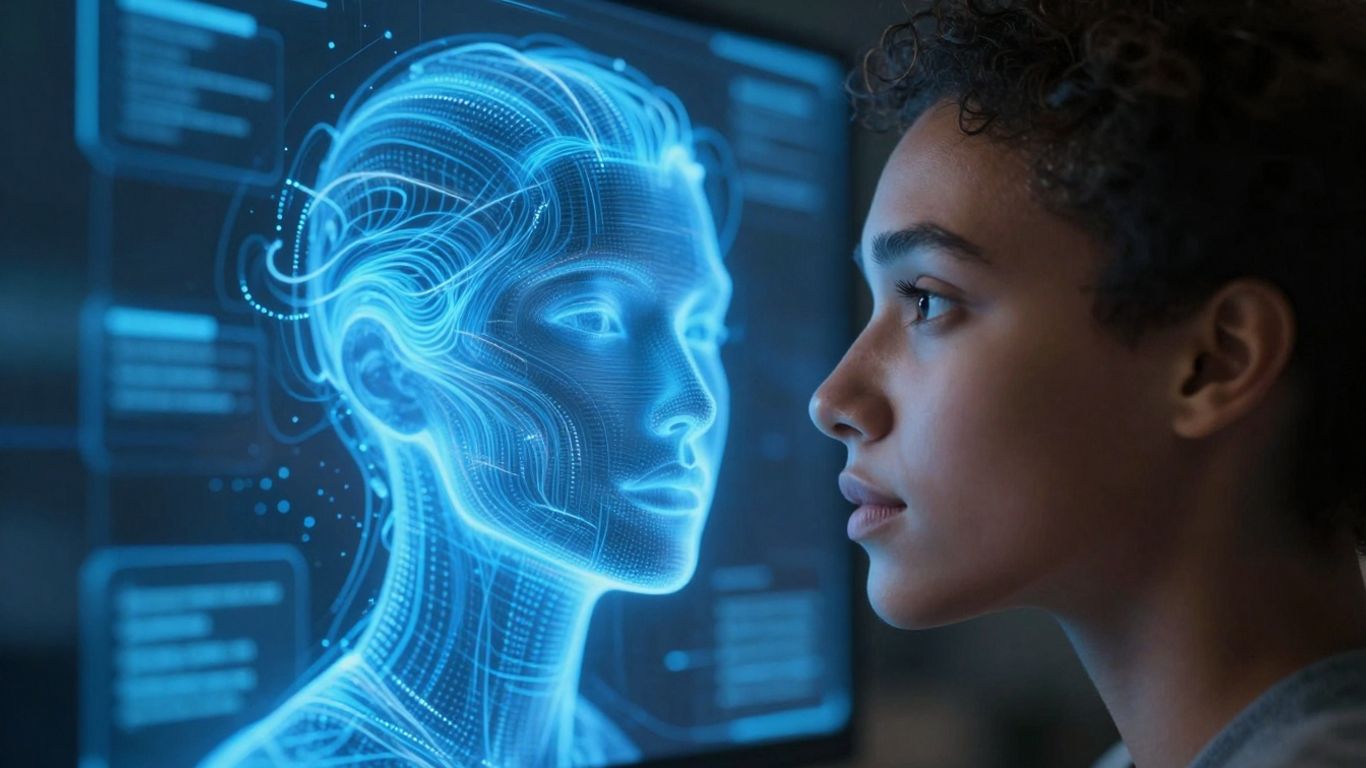 Futuristic AI interface with glowing blue patterns.