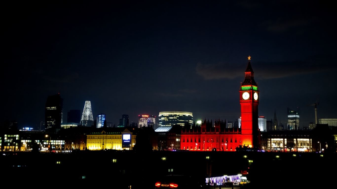 London cityscape at night with bright lights.