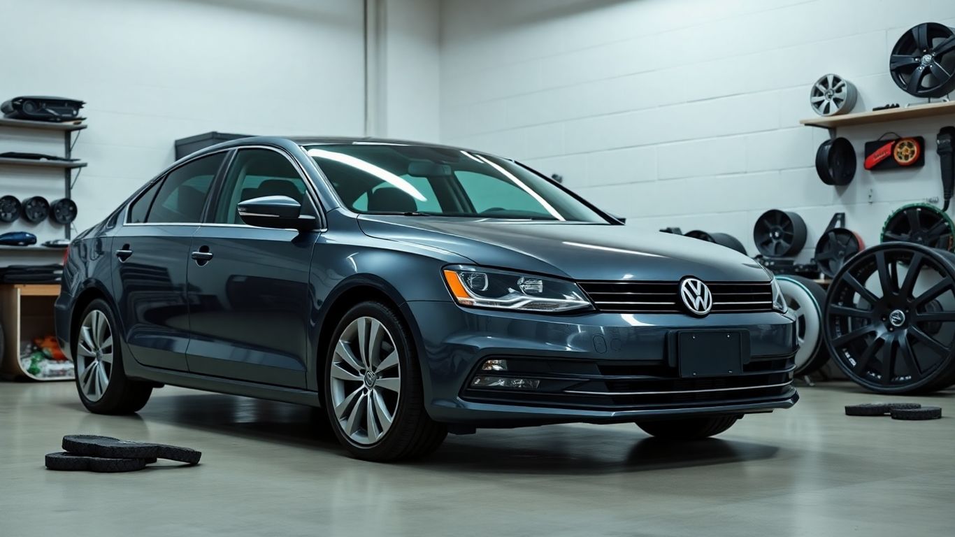 Volkswagen Jetta surrounded by genuine car parts in garage