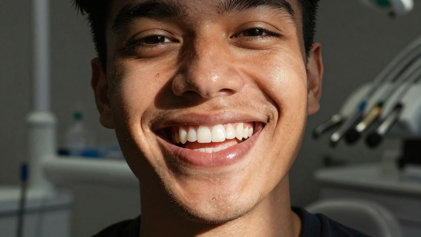 A person's healthy smile with dental clinic background.