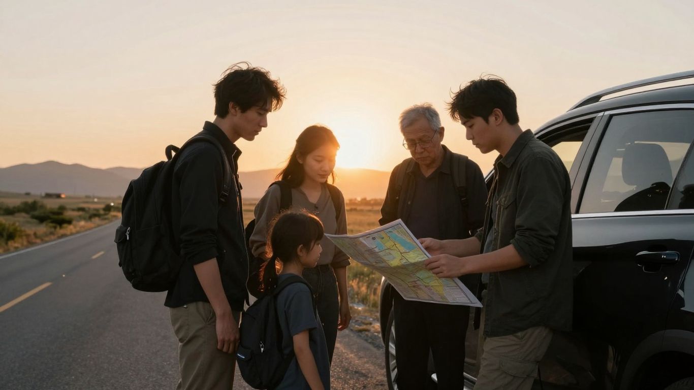 Family planning roadside safety during a trip.