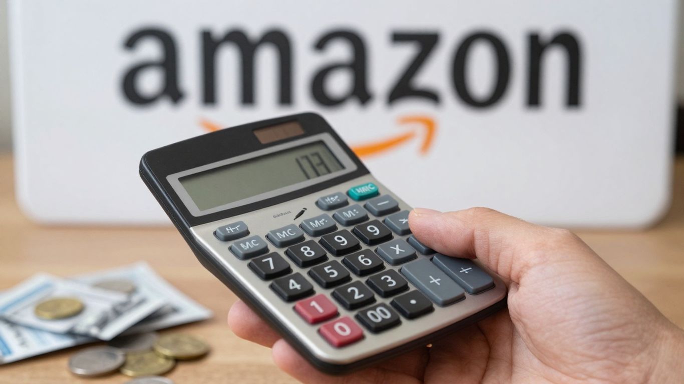 Amazon seller fees calculator with coins and packages.