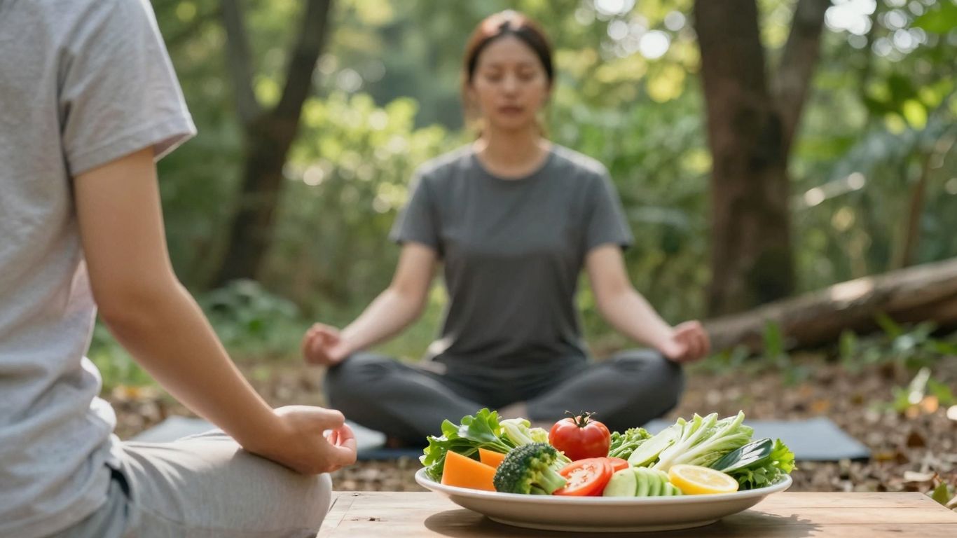 Person meditiert im Freien mit gesunder Ernährung daneben.