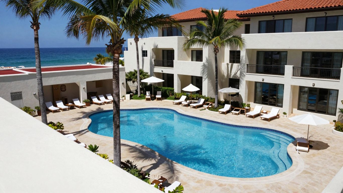 Cabo condo complex with pool and ocean view