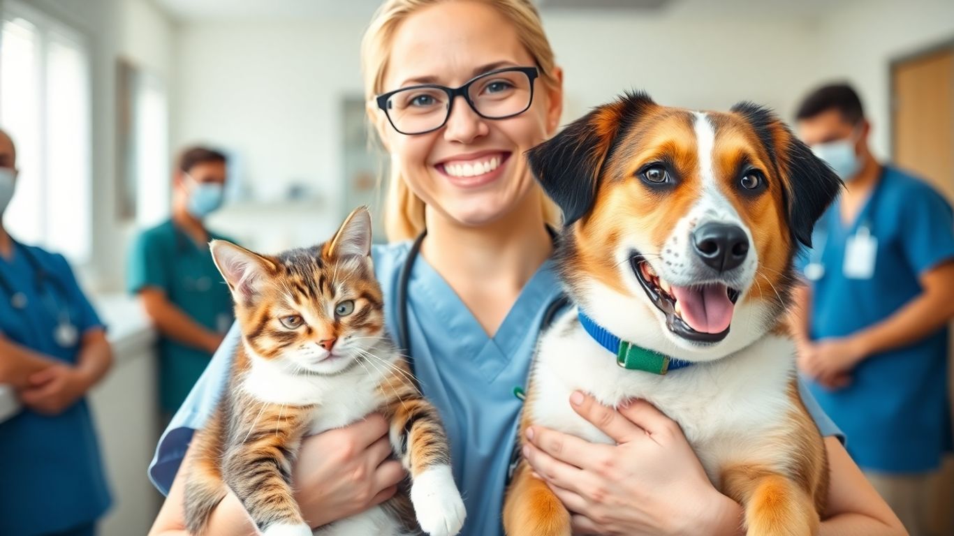 Pet owner with dog and cat at veterinary clinic