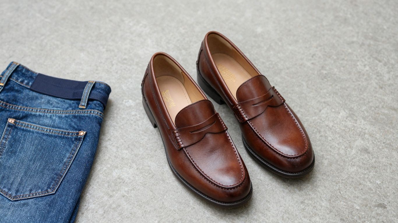 Brown penny loafers paired with suit and denim.