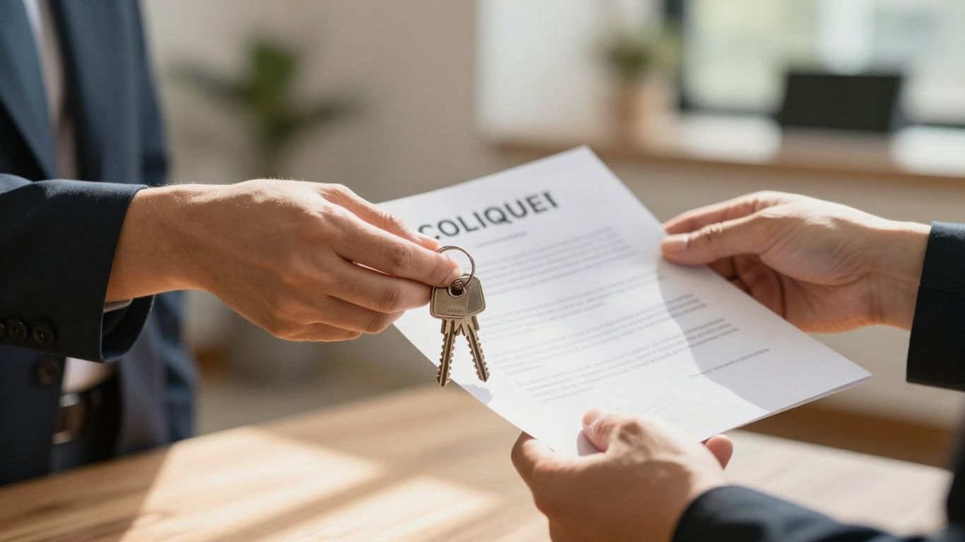 Hands exchanging keys and documents during a real estate closing.