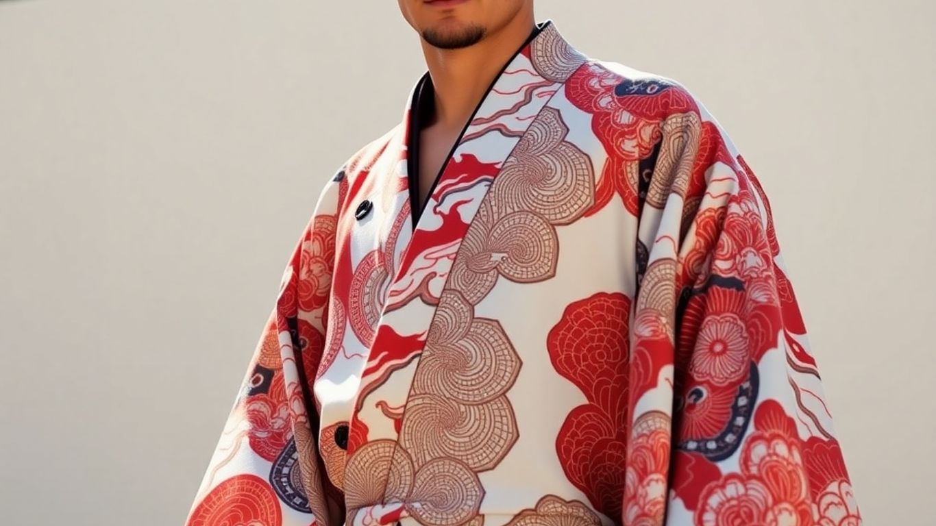 Man wearing a stylish, modern kimono with intricate patterns.