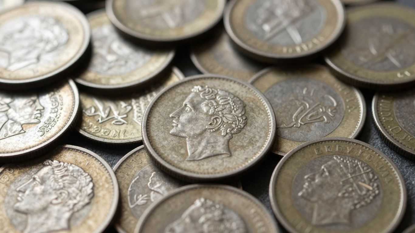 Close-up of damaged and corroded coins with visible wear.
