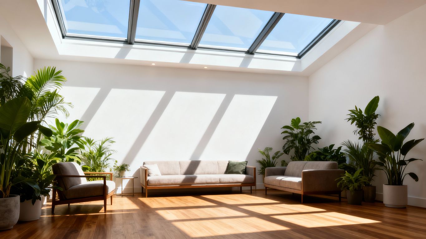 Modern living room with skylights and abundant natural light