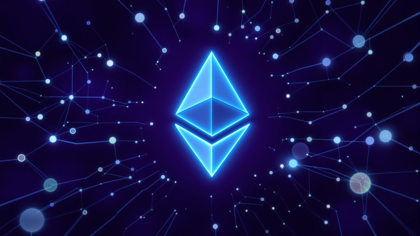Ethereum logo with abstract digital pathways and cosmic background.